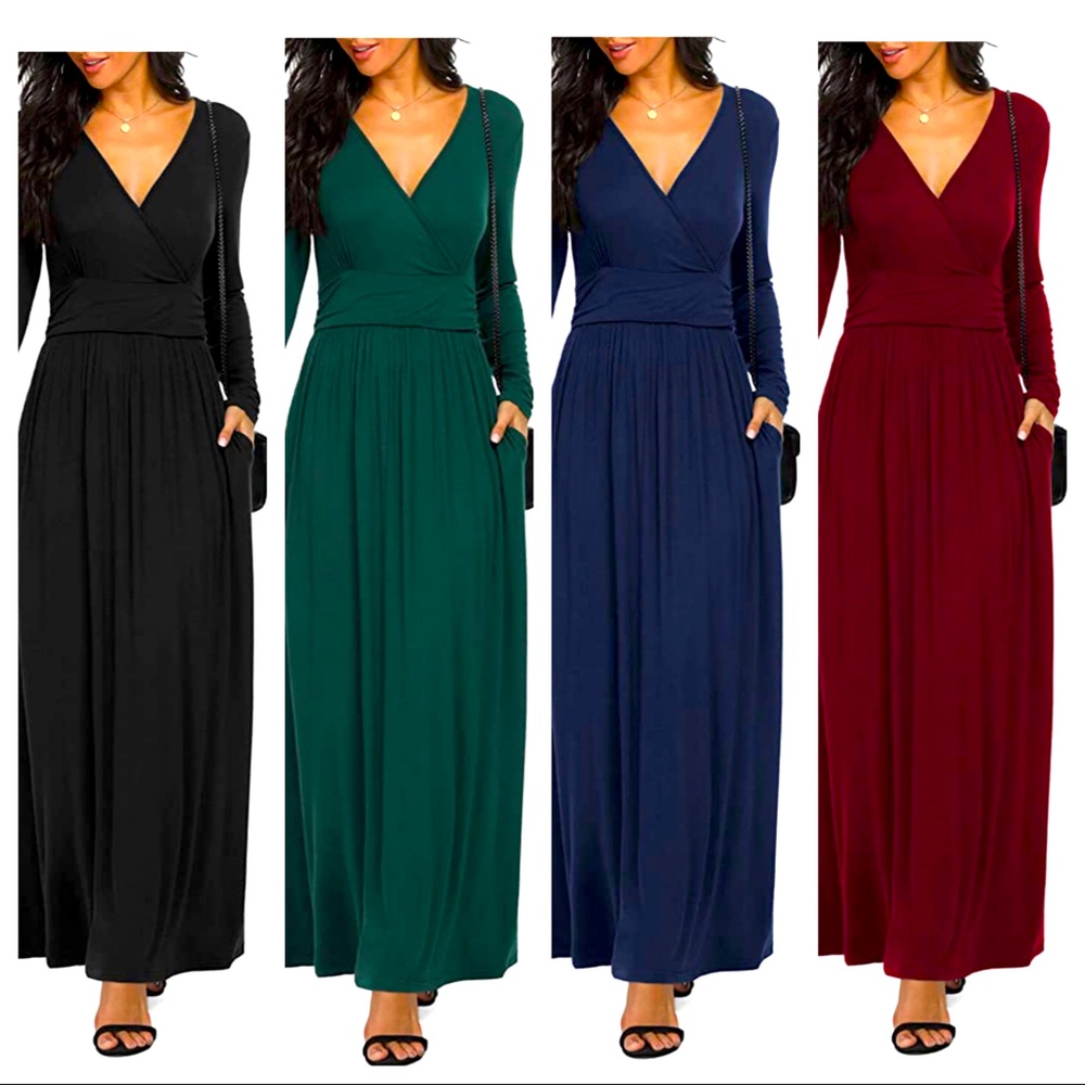 Long Sleeved V-Neck Maxi Dress with Pockets